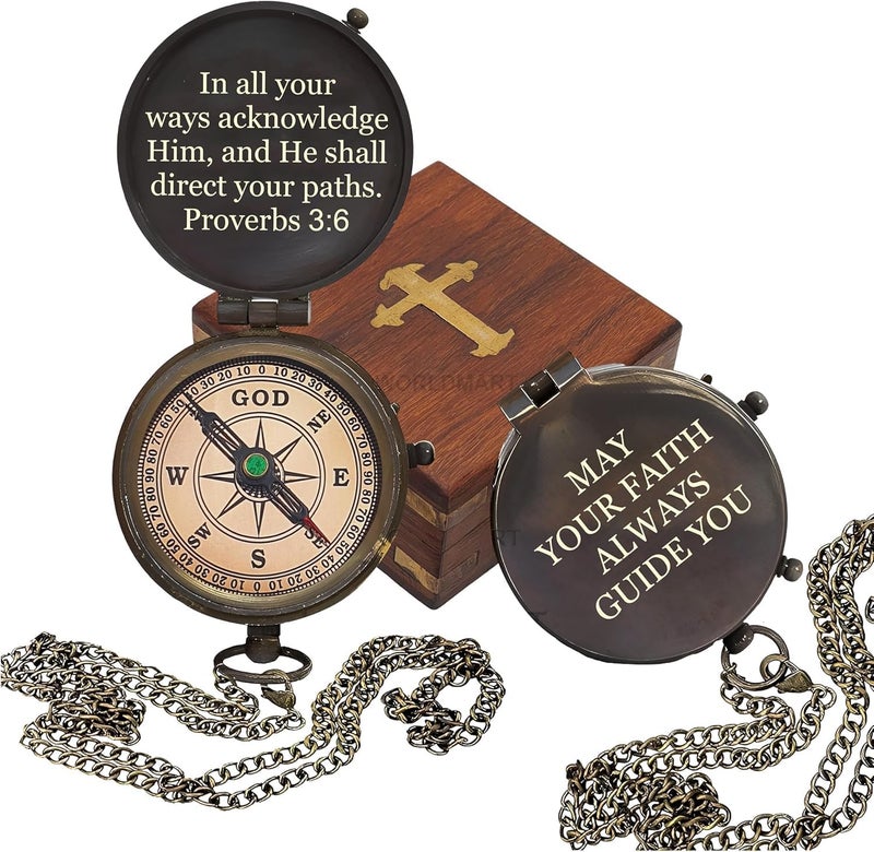 World Mart Baptism Gifts for Boys - Engraved Working Handmade Compass with Scripture - Religious, Christian, Catholic, Christening, First Communion, Confirmation Gifts for Teenage Boys and Men - Image 1